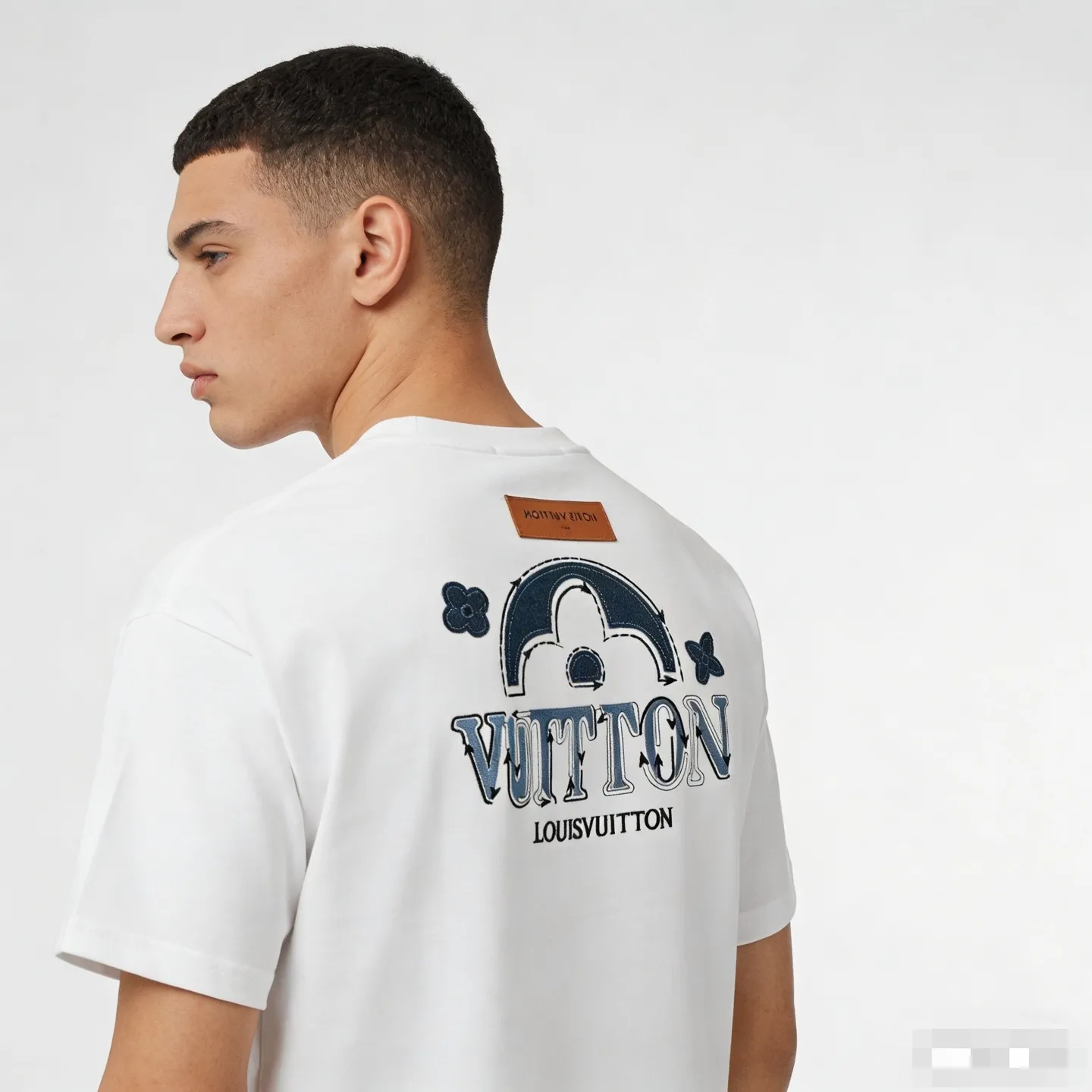 Louis Vuitton/Louis Vuitton 26ss denim patch presbyopic letter embroidered short sleeves